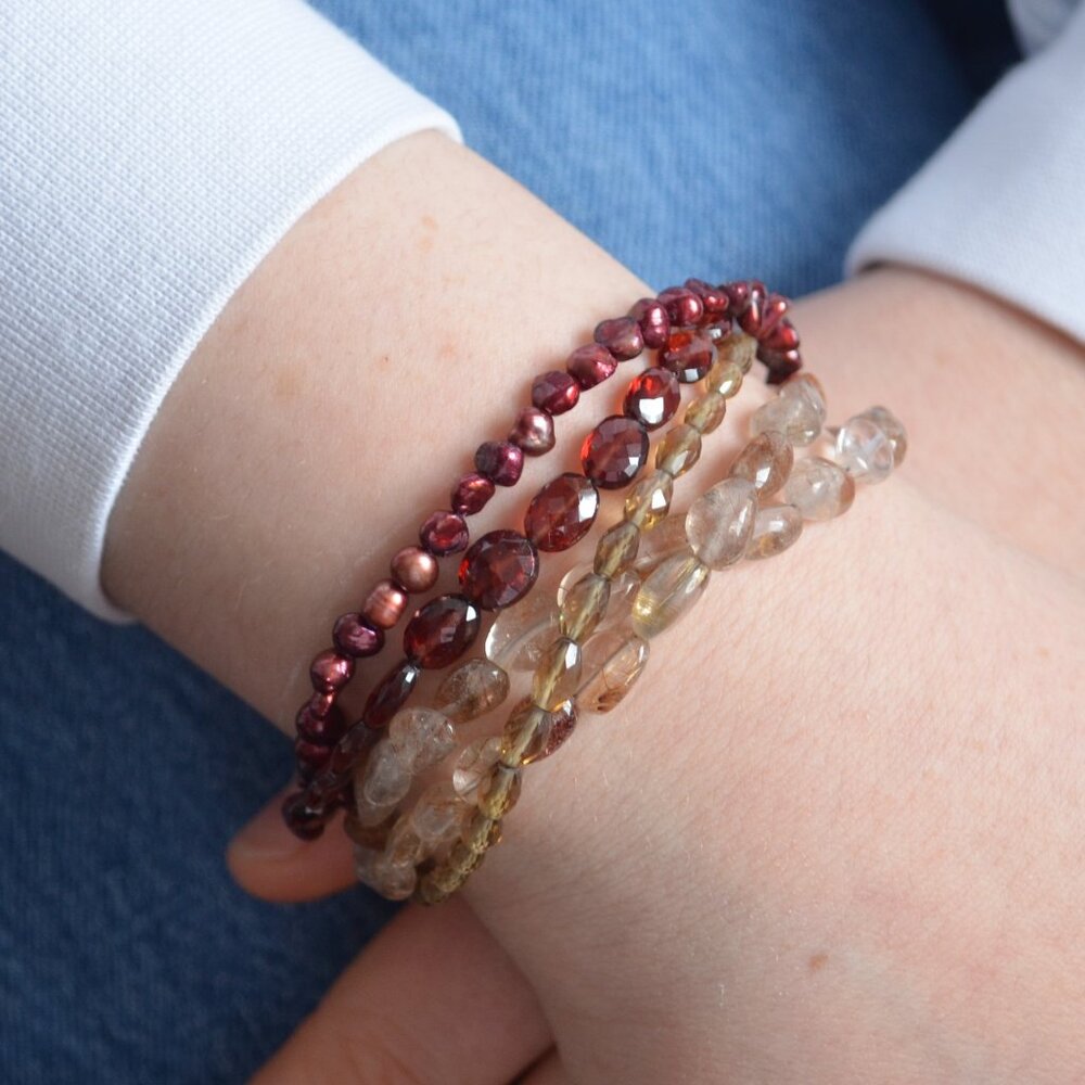 Multi Strand Bracelet with Garnets and Quartz - Handmade